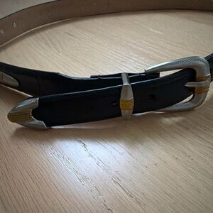 Davis Bros. Black Leather Western Belt Tooled Silver Gold Buckle Cowboy 41”